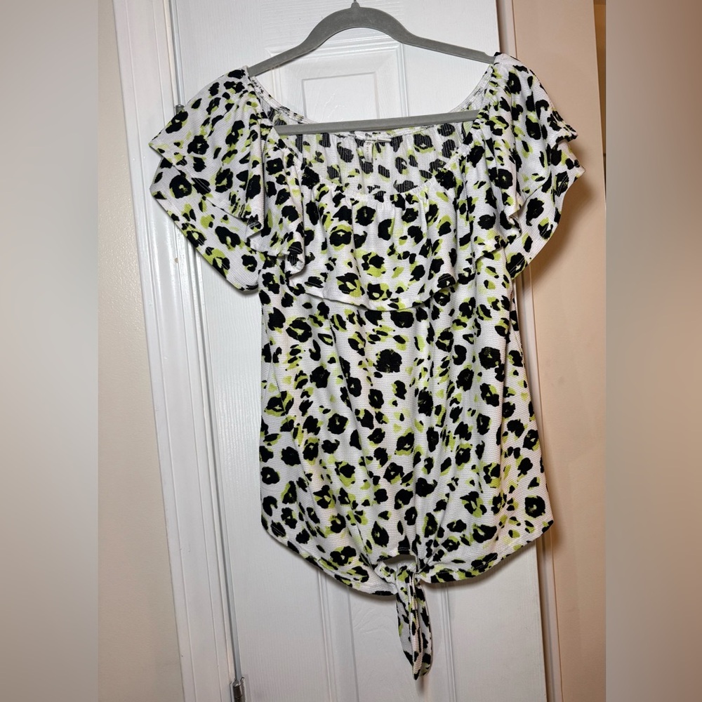 Cato Women’s Leopard Print Neon Off the Shoulder Ruffle Top- Size Medium